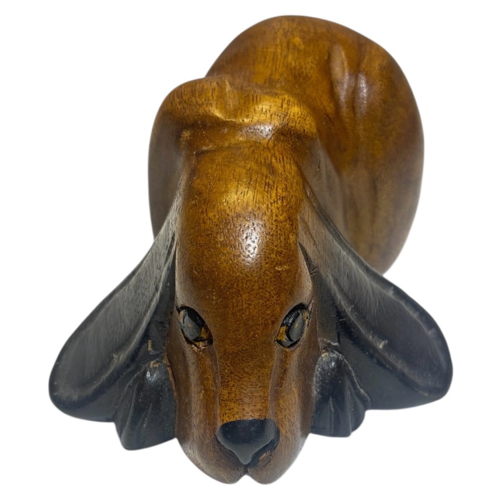 Vintage Hand Carved Wooden Sleeping Hound Dog Puppy MCM Boho 6”